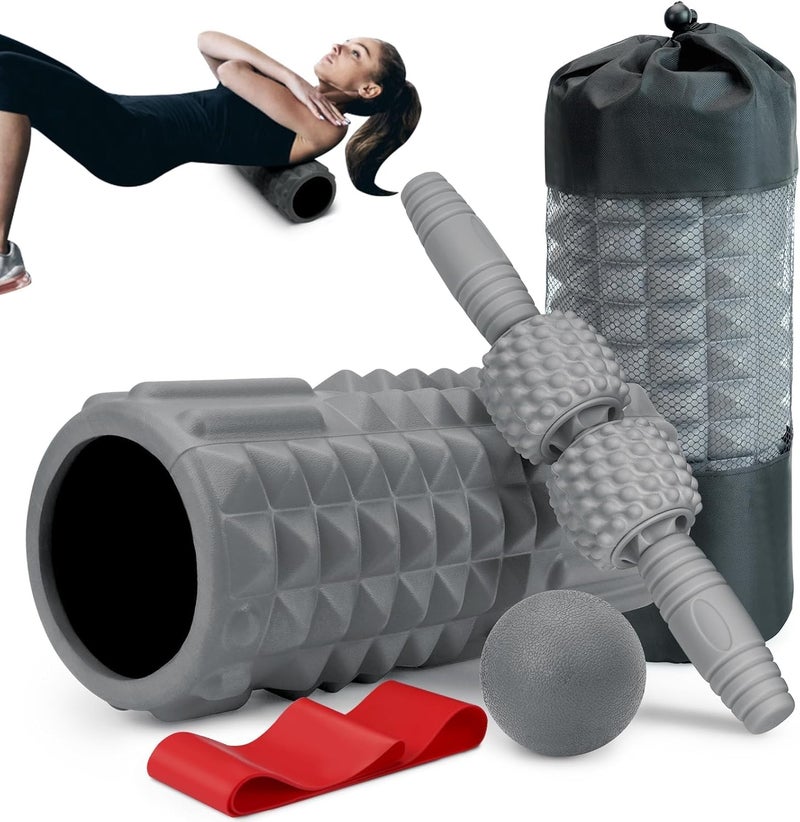 Krightlink 5-in-1 Foam Roller Set, Massage Roller Stick, Massage Ball, Resistance Band for Deep Muscle Massage, Trigger Point Release, Pilates, Yoga (Grey) - Image 1